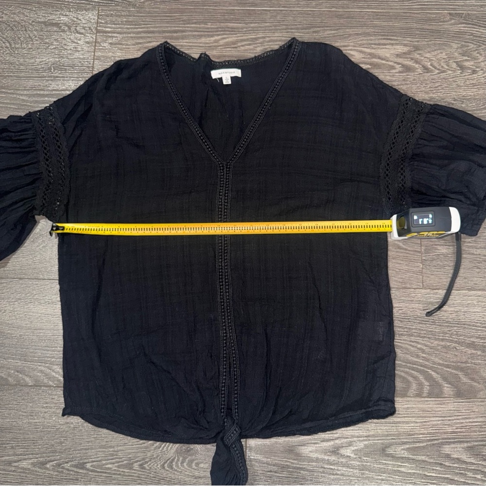 MAX STUDIO L Black Knot Front Top‎ Shirt 3/4 Flared Sleeve Boho Peasant Casual - Picture 8 of 8